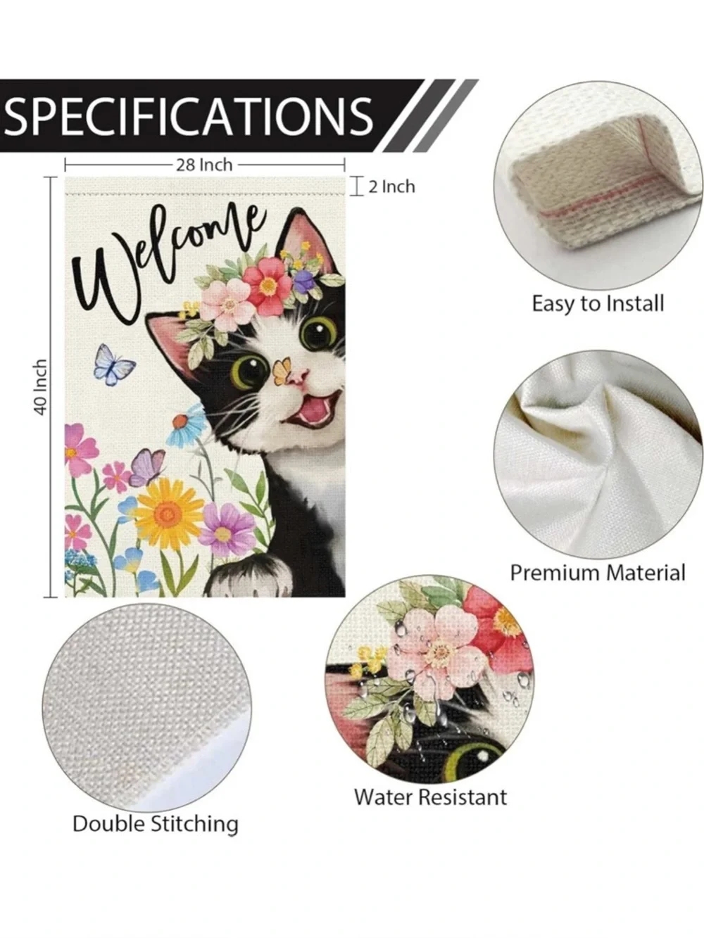 Heyfibro Burlap Welcome Garden Flag 28x40” Cat Flowers Butterflies Spring Summer - Picture 2 of 5